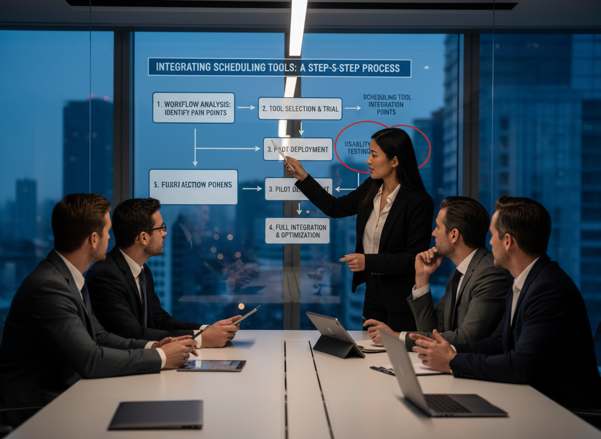 Stakeholders in a conference room analyzing workflow steps for integrating scheduling tools, with a detailed whiteboard display.