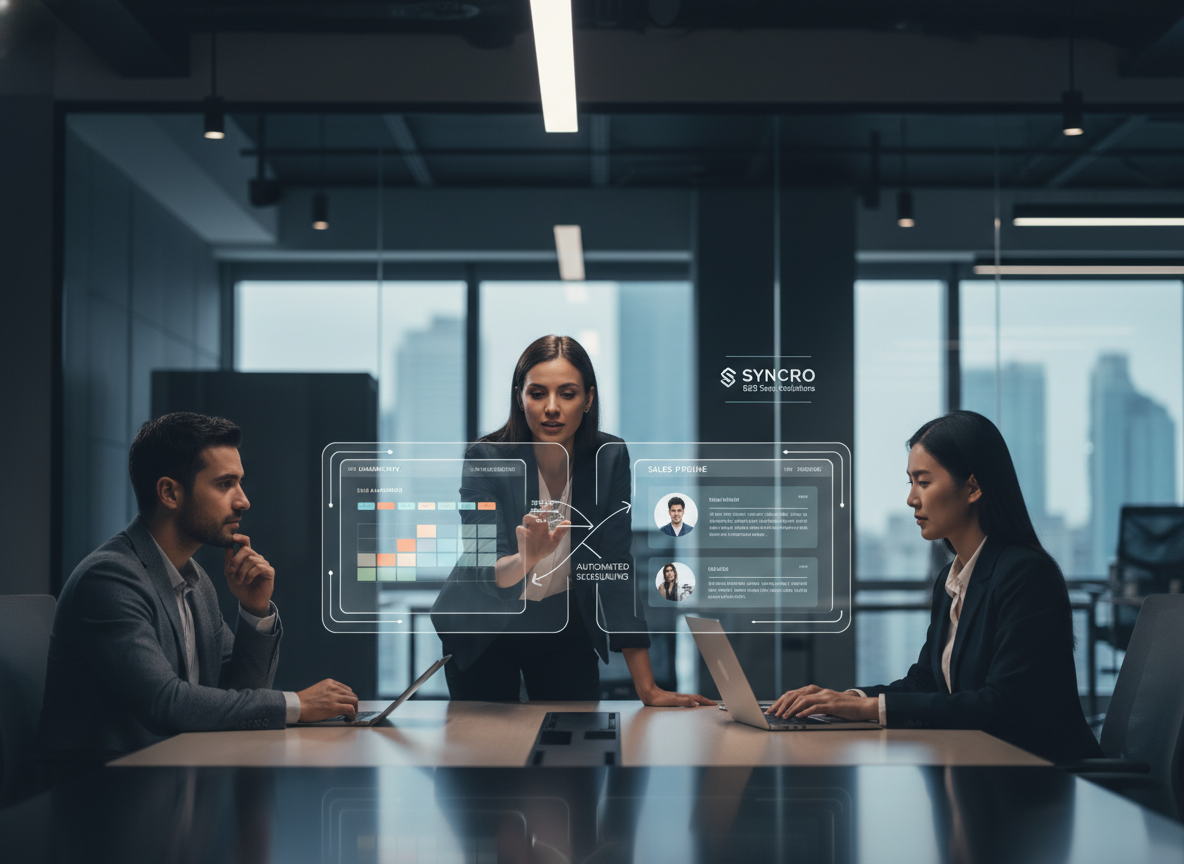 A team collaborating in a modern office with holographic overlays showing integrated scheduling and CRM tools, emphasizing seamless workflow.