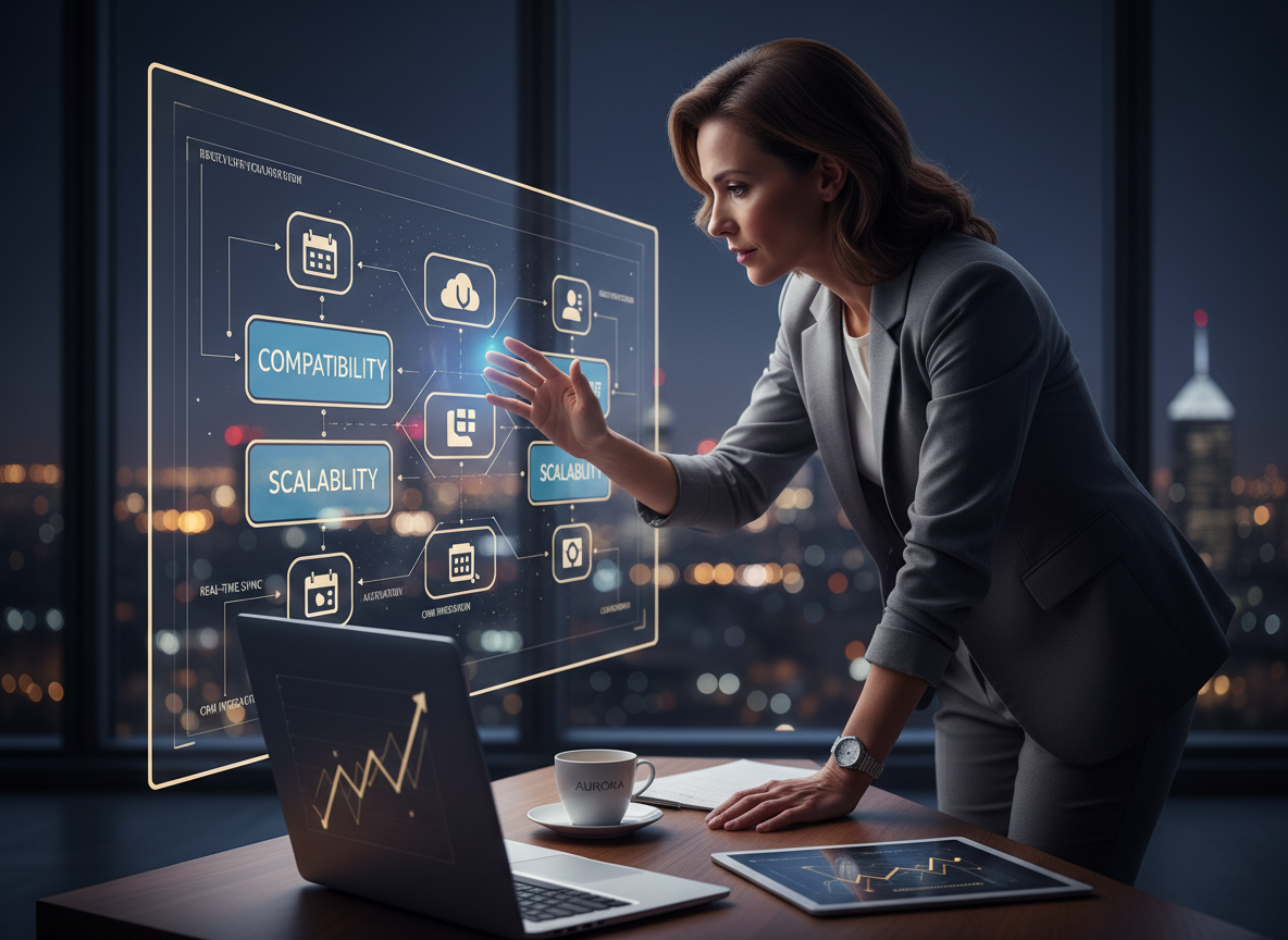 A professional analyzing an interactive touchscreen displaying scheduling tools with labels like Compatibility and Scalability, symbolizing strategic selection.