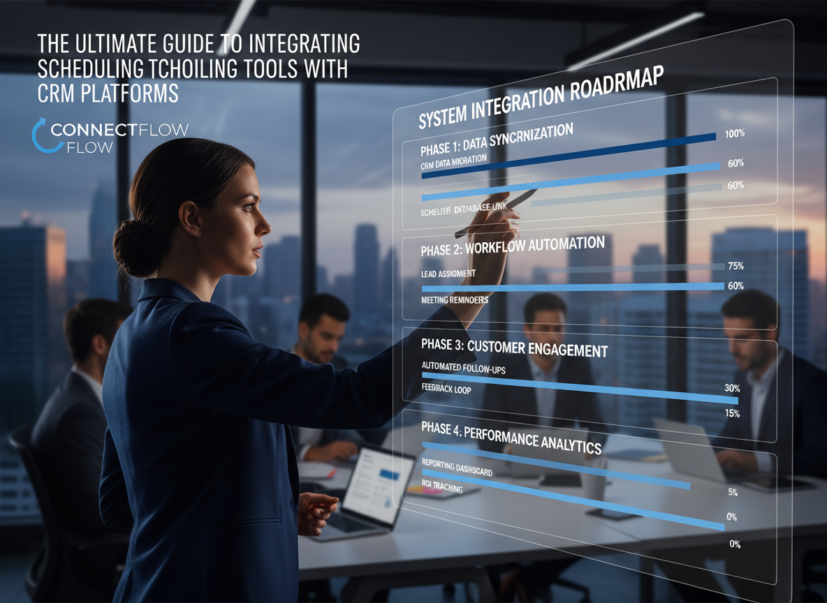 A tech consultant explaining a step-by-step integration roadmap on a digital dashboard, with labeled steps and progress bars illustrating CRM and scheduling tool integration.