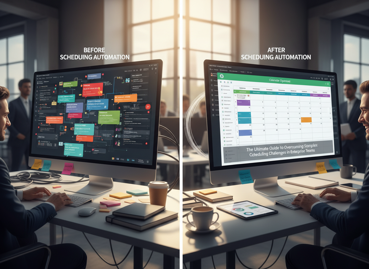 Two contrasting digital calendars on computer screens, one chaotic and the other streamlined, labeled 'Before Scheduling Automation' and 'After Scheduling Automation'.