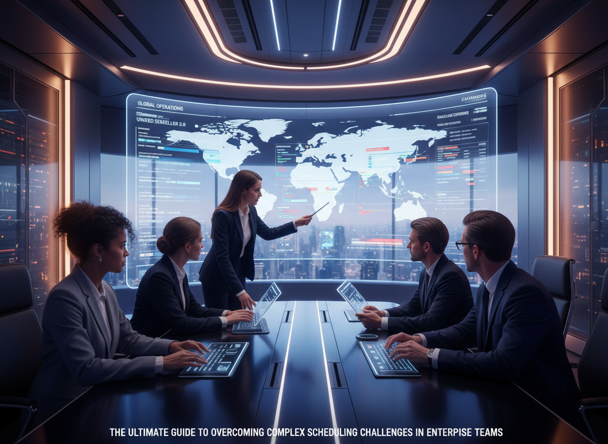A futuristic operations room with a global map showing time zones and a unified scheduling platform on display.
