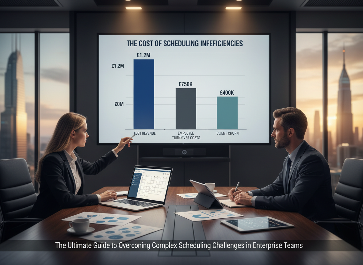 A bar chart presentation titled 'The Cost of Scheduling Inefficiencies' with categories for 'Lost Revenue,' 'Employee Turnover Costs,' and 'Client Churn.'