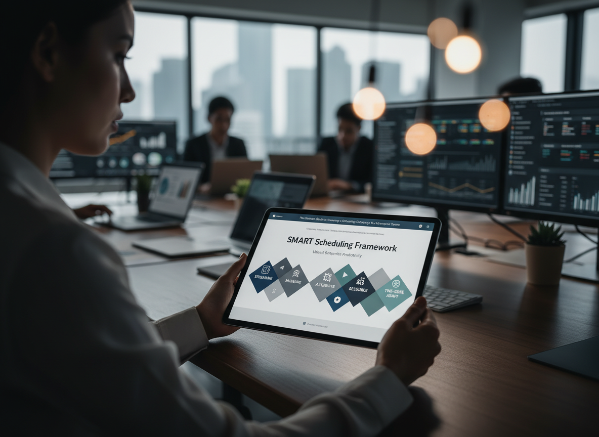 A SMART Scheduling Framework infographic with five steps: 'Streamline,' 'Measure,' 'Automate,' 'Resource,' and 'Time-Zone Adapt,' displayed on a tablet.