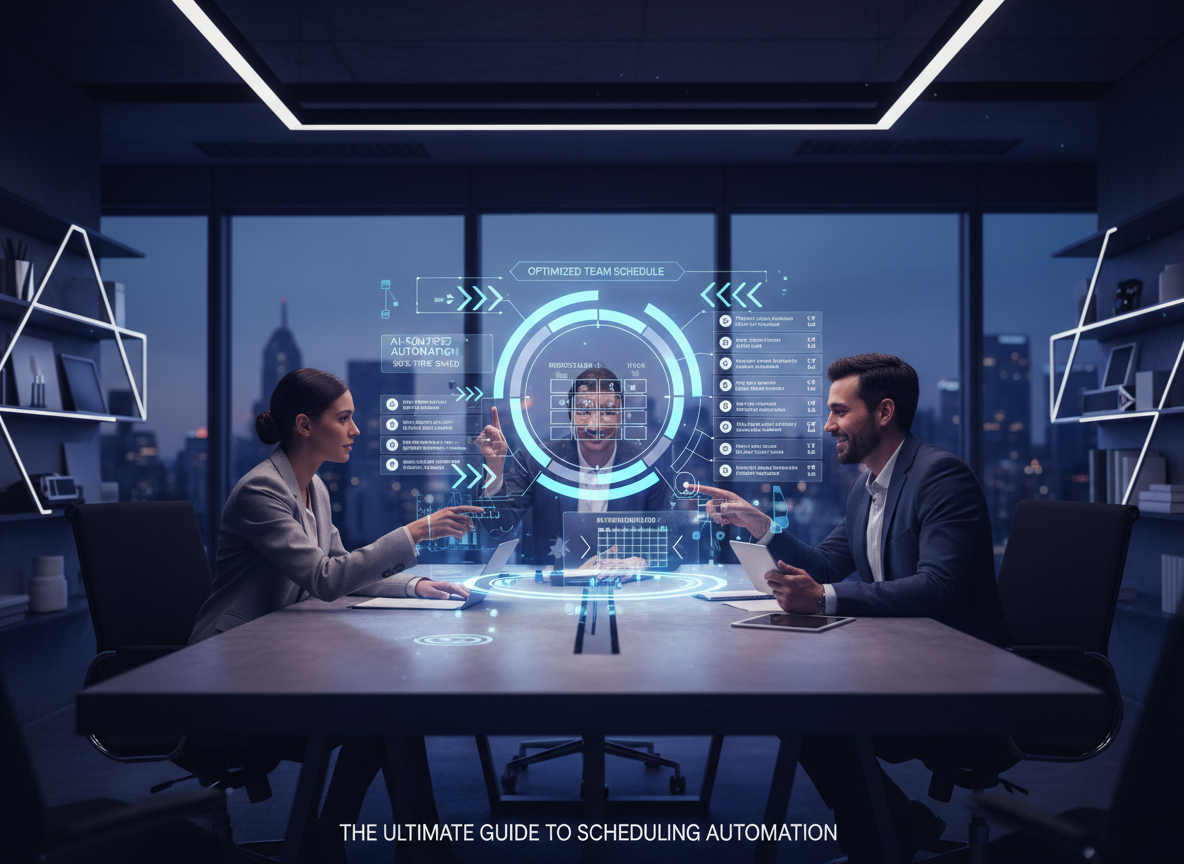 A co-working space showing AI-powered scheduling automation through holographic projections of optimized calendars and notifications.