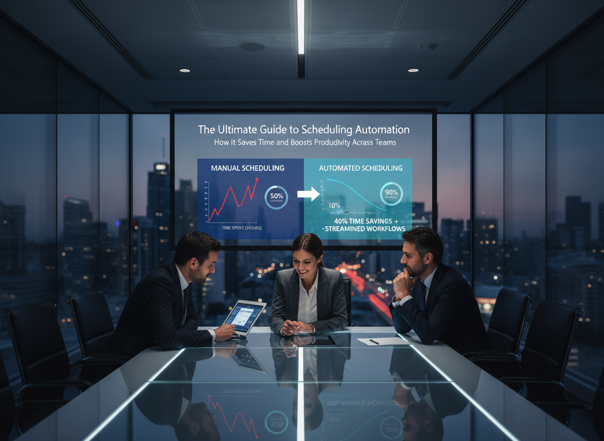 A corporate meeting room with visual graphs comparing manual and automated scheduling, showcasing time savings and streamlined workflows.