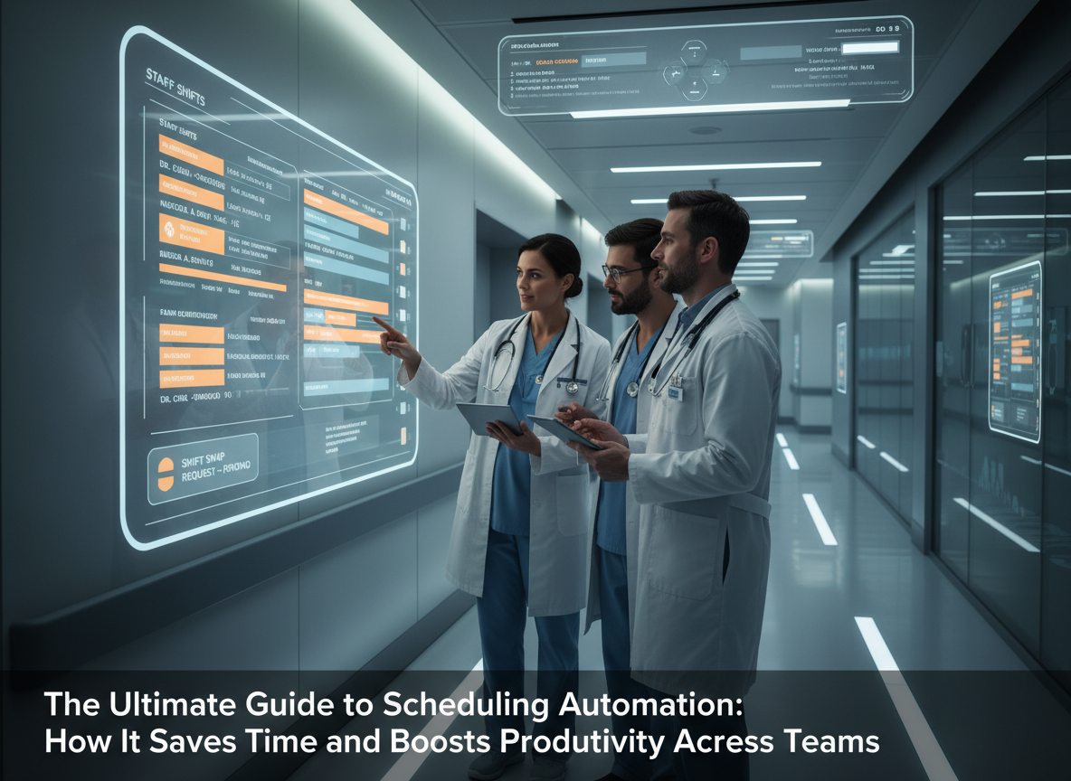 A hospital corridor showing real-time scheduling automation for staff shifts and patient appointments on tablets and smart screens.