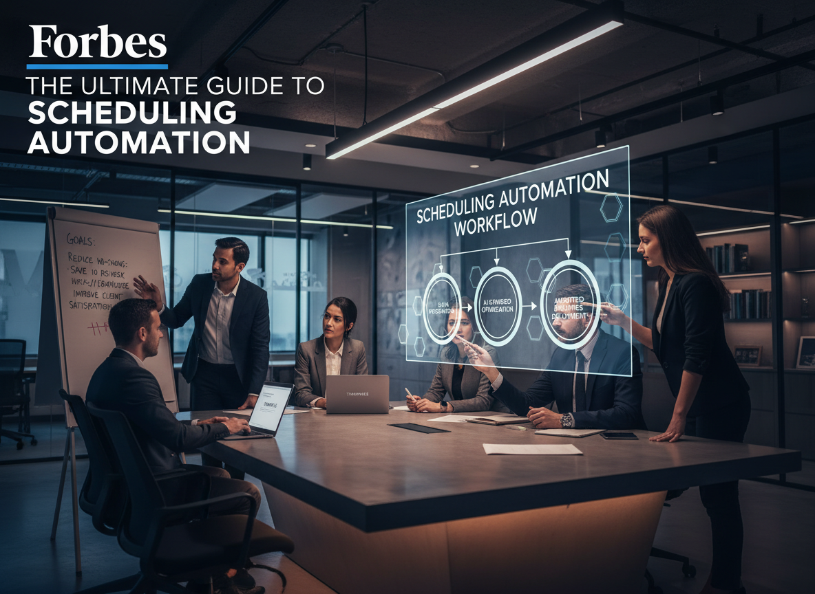 An office workshop showing step-by-step implementation of scheduling automation with labeled diagrams and team collaboration.