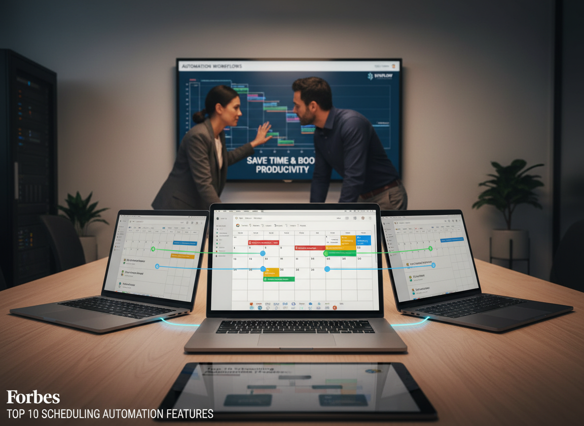 A modern office setting showing laptops with Google Calendar, Microsoft Outlook, and Apple Calendar syncing in real-time, symbolizing intelligent calendar integration.