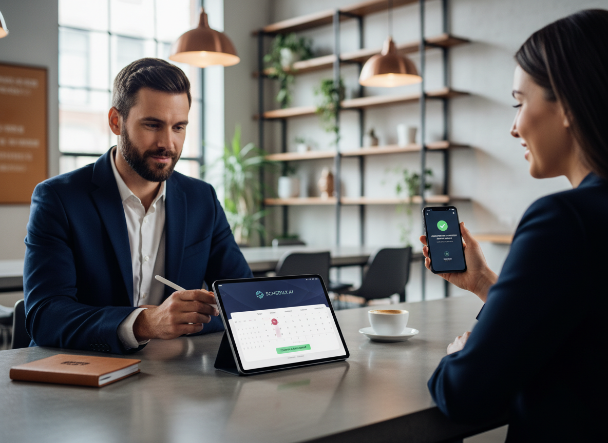 A freelancer in a coffee shop booking an appointment on a tablet with an automated scheduling app, while a confirmation notification appears on a customer's phone in the background.