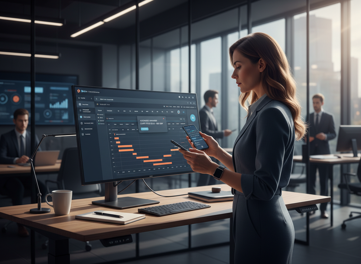 A busy professional receiving smart notifications on a smartwatch, smartphone, and desktop, reminding them of meetings and deadlines.