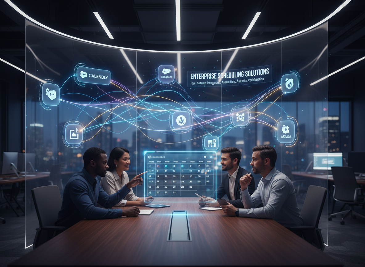 A co-working space showcasing advanced software integrations, with interconnected app icons linked by glowing holographic lines.