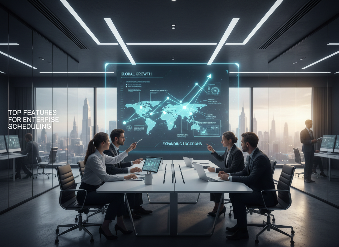 A modern office with visual graphs of growth and expanding locations, symbolizing scalability in scheduling solutions.
