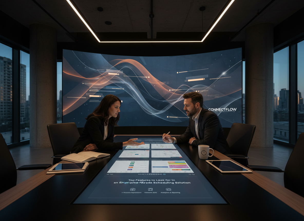 A corporate office showcasing customization tools for scheduling platforms, with branded elements integrated into the design.
