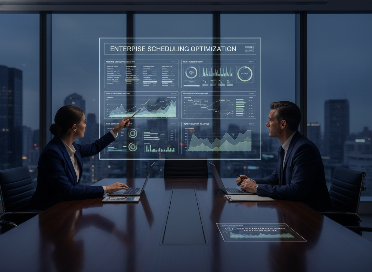 Executives in a conference room analyzing detailed scheduling analytics dashboards on a large screen.
