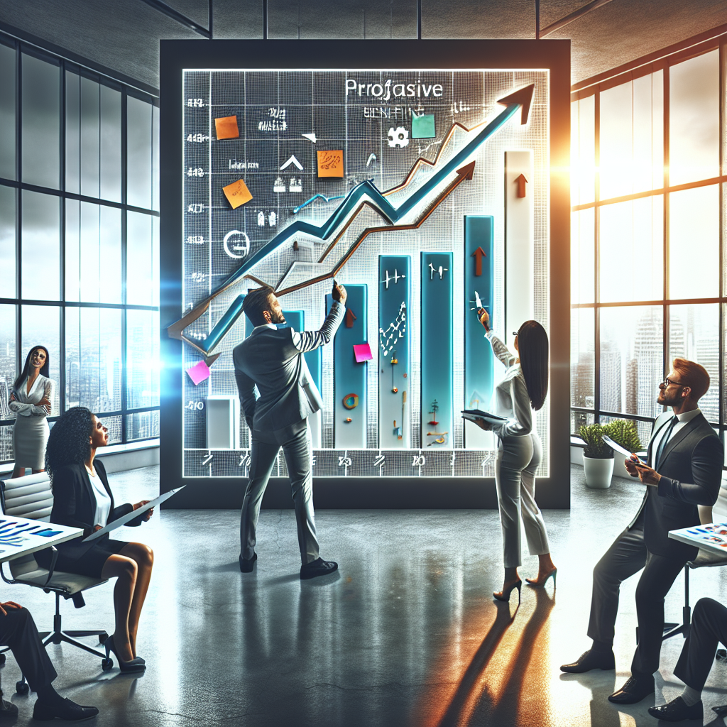 A diverse team in a modern office discusses the benefits of proactive scheduling, showcasing rising metrics on a whiteboard.