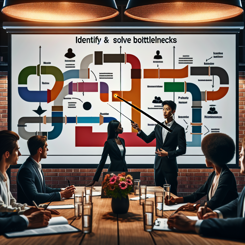 A project manager presents a flowchart in a conference room, highlighting bottlenecks and solutions for team workflow.