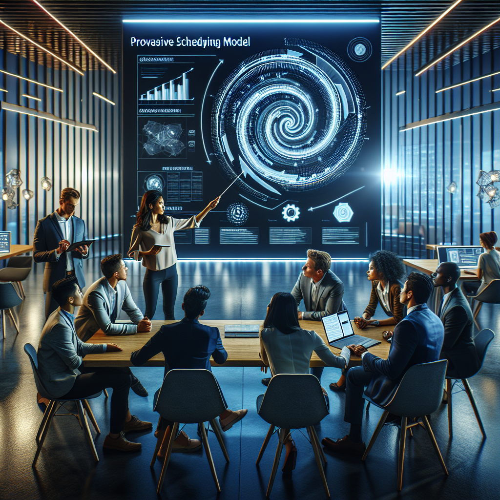 A team in a tech workspace discusses the Schedly Proactive Scheduling Model, showcasing stages and feedback loops.