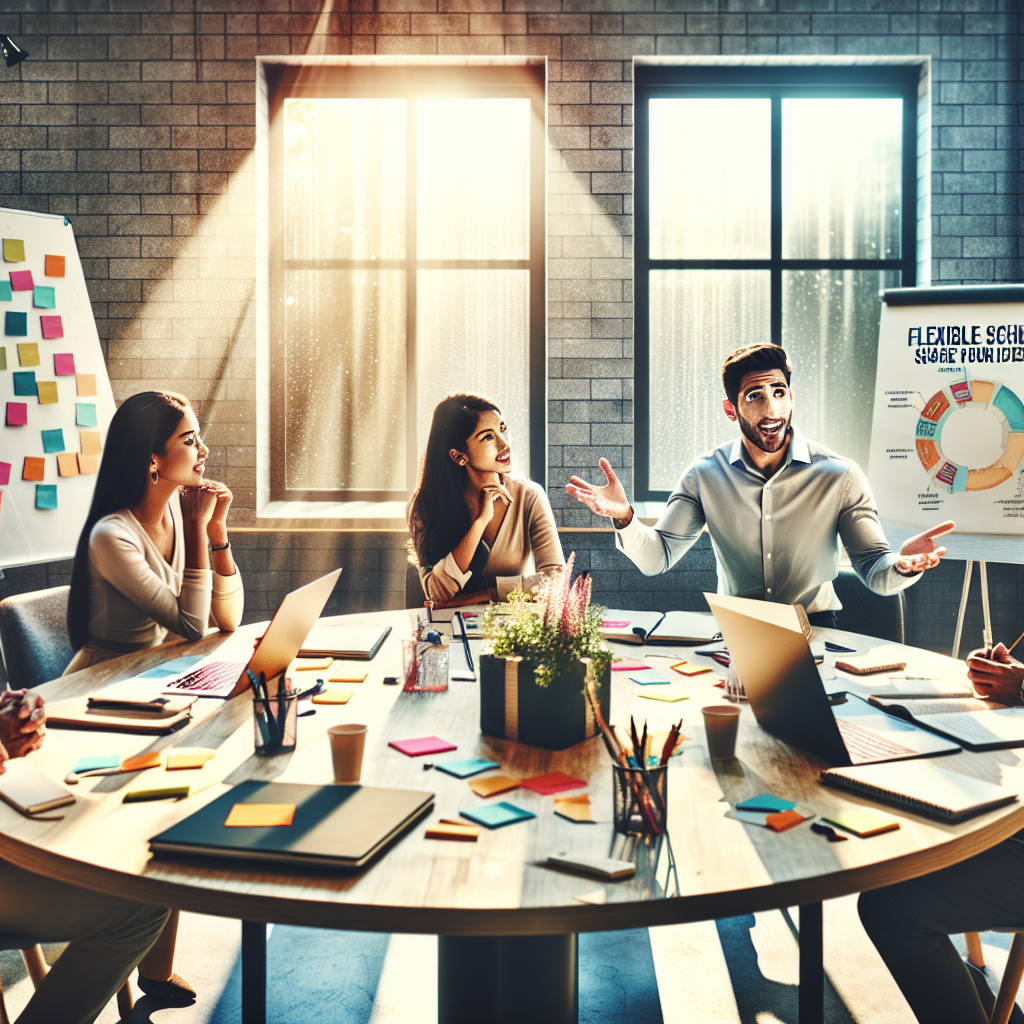 A diverse team holds a meeting in a collaborative workspace, discussing flexible scheduling and open communication.