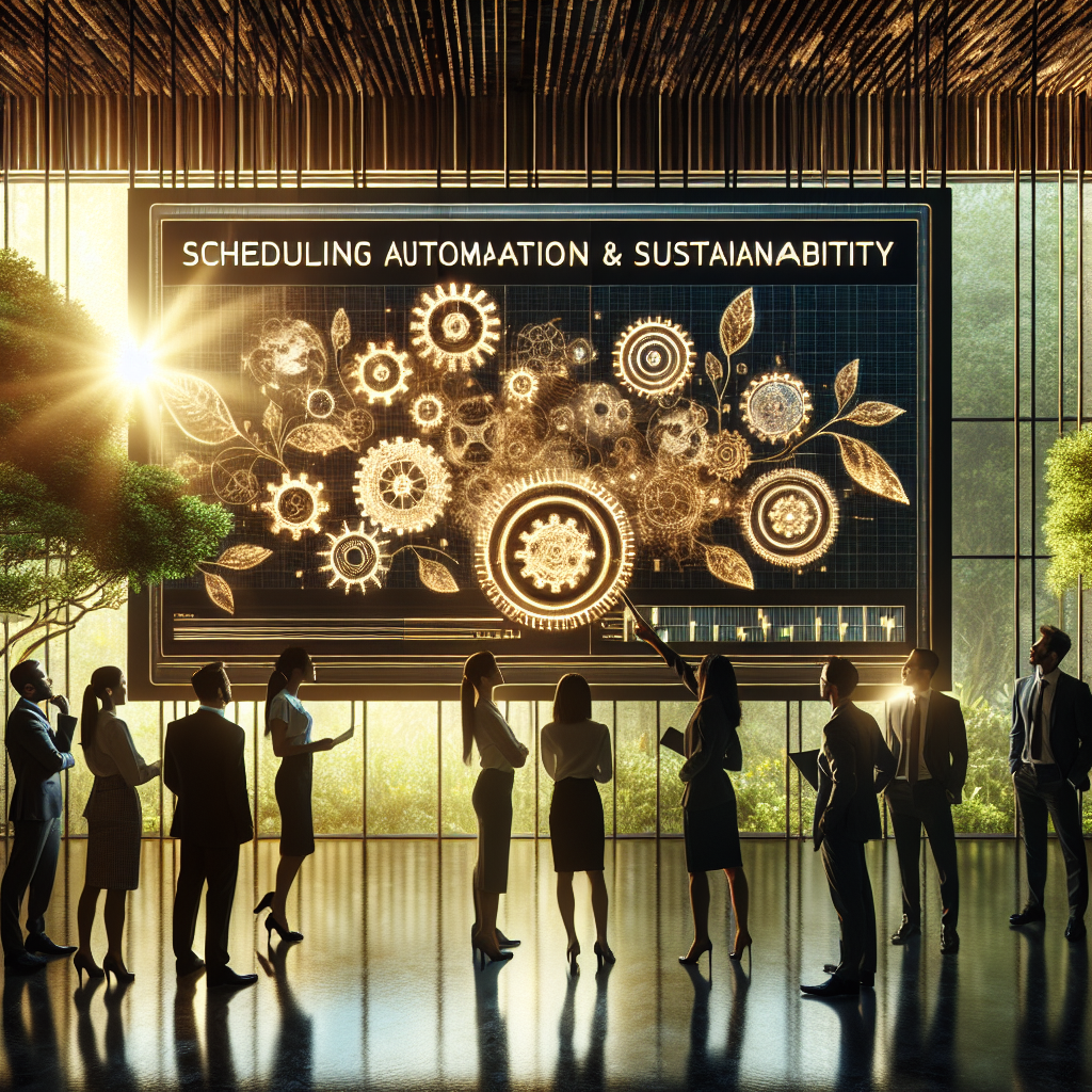 A diverse group of professionals in a modern office discussing the intersection of scheduling automation and sustainability, with a touchscreen display showing gears and leaves.