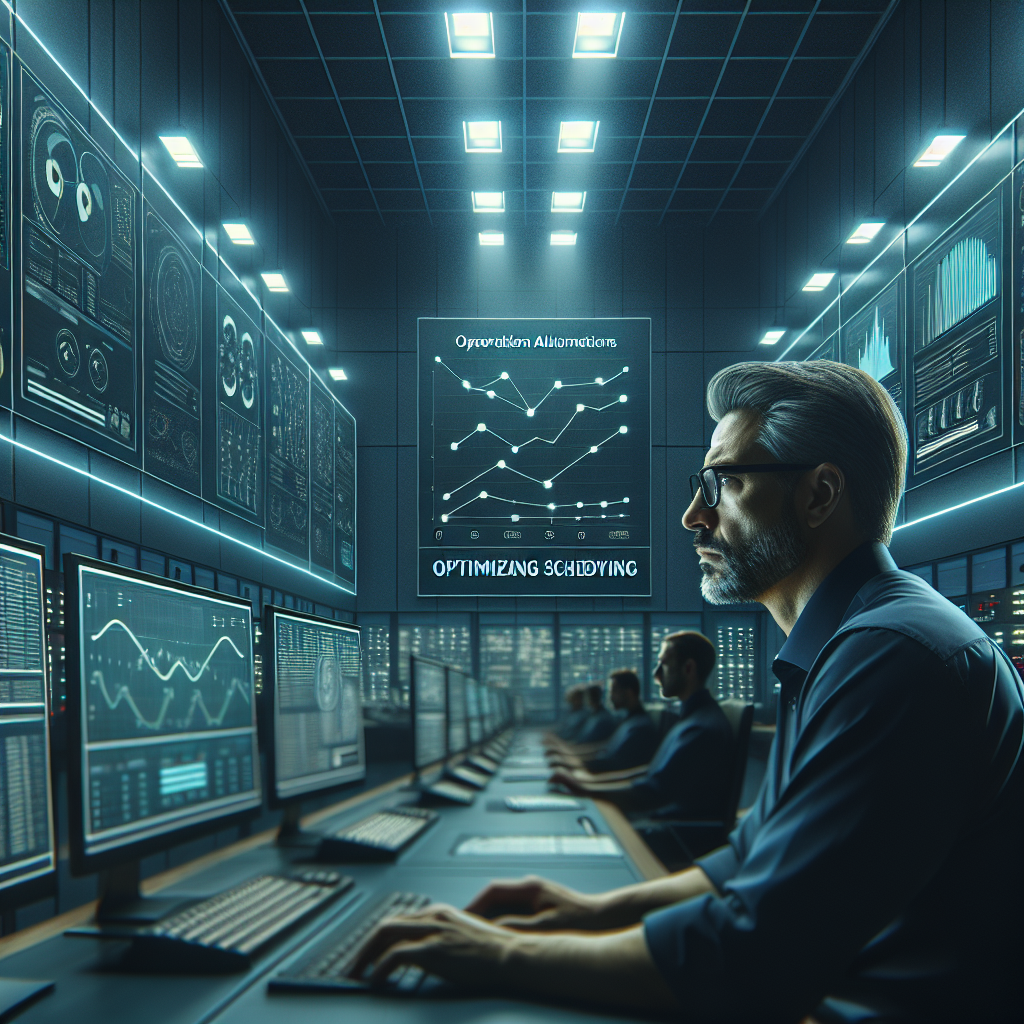 An operations manager in a control room analyzing scheduling automation data on multiple screens, emphasizing precision and efficiency.