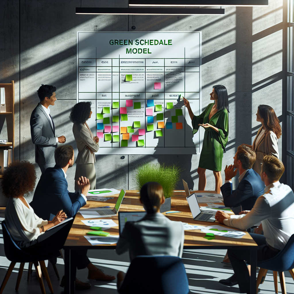 A project manager presenting the Green Schedule Model in a co-working space, with colleagues engaged in a vibrant brainstorming session.