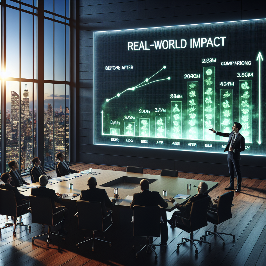 A senior executive presenting successful case studies of scheduling automation for sustainability in a corporate boardroom, with graphs illustrating energy efficiency.