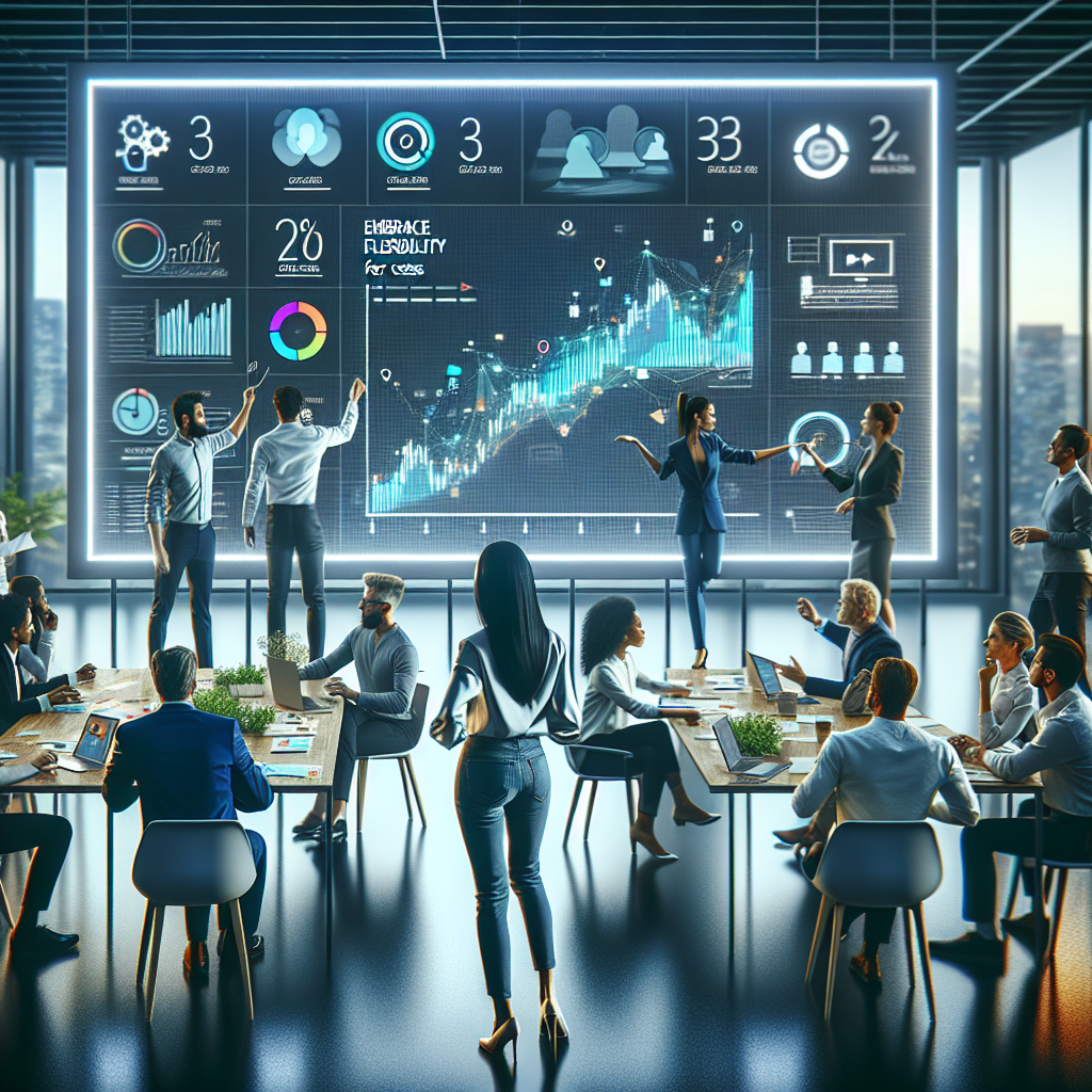 An agile team collaborating in a modern office, emphasizing the importance of flexibility in scheduling with a success rate graph.