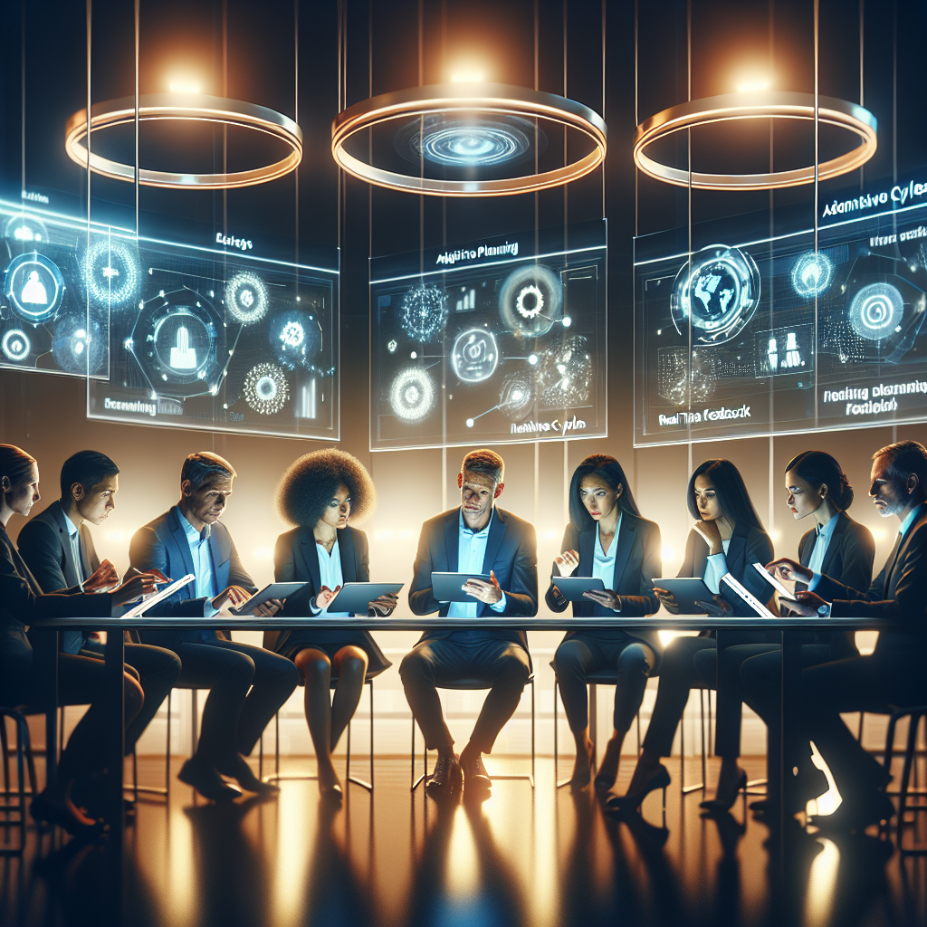 Diverse team in a conference room discussing core components of a flexible scheduling framework with holographic displays.