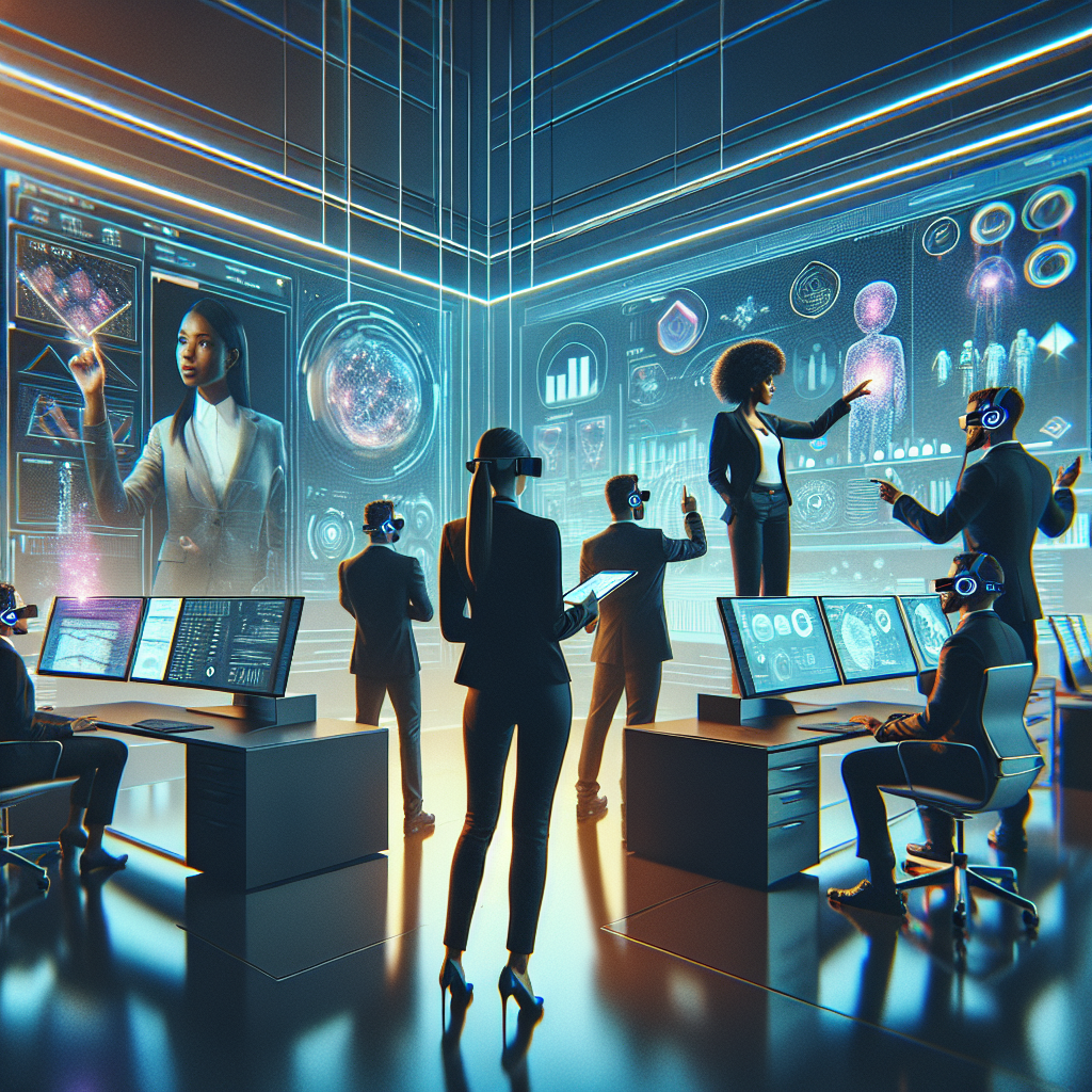 Futuristic workspace with a team leveraging technology for agile scheduling during a virtual meeting, showcasing advanced tools.