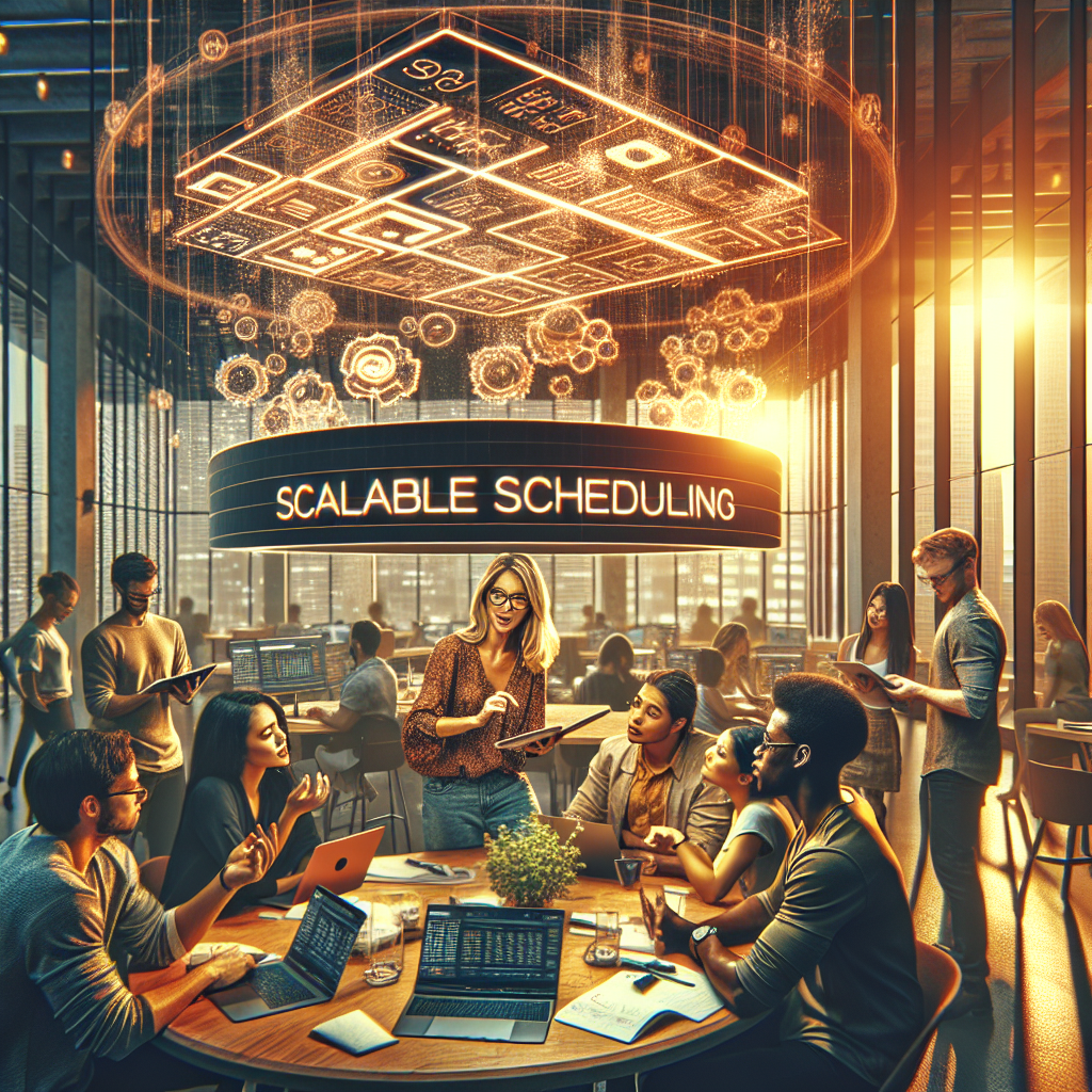 A group of freelancers in a co-working space discussing scalable scheduling solutions, with a holographic overlay illustrating interconnected schedules.