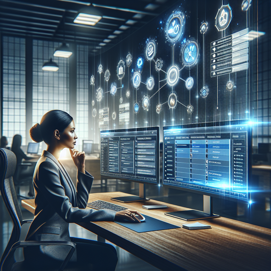 A project manager in a modern office comparing scheduling tools on dual monitors, with digital icons representing integration above the screens.