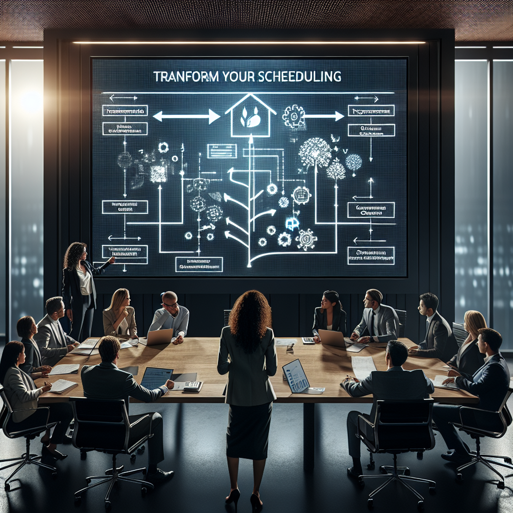A team leader presenting a scalable scheduling framework in a conference room, with a flowchart and tree diagram illustrating growth and client satisfaction.