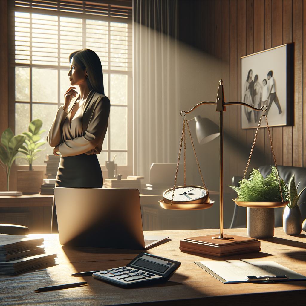 A balanced scale representing work and life in a home office setting, highlighting the importance of work-life balance.
