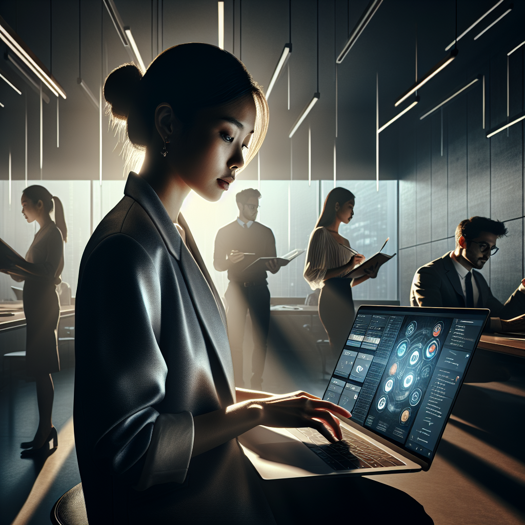 A professional using scheduling software with color-coded tasks in a modern co-working space.