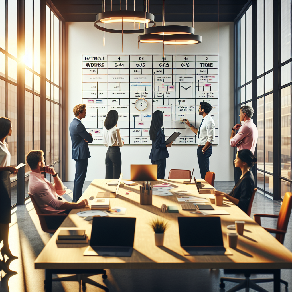 A wall-mounted timeline showing work segments and breaks, with employees discussing time management strategies.