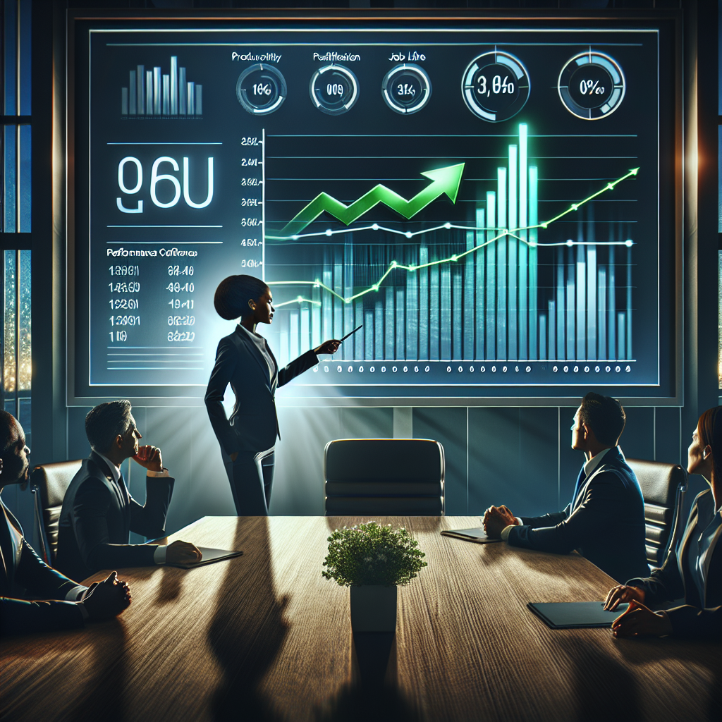 A performance chart displayed in a conference room, showing improvements after a new scheduling strategy.