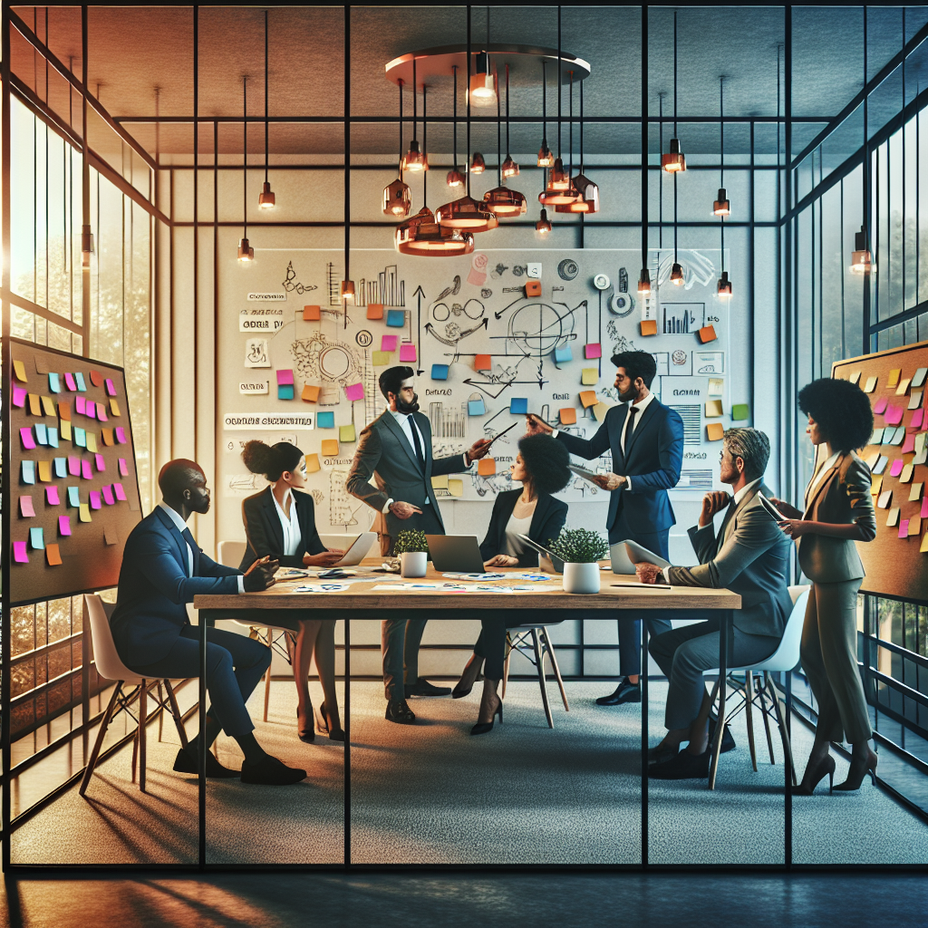 A diverse team collaborating on scheduling strategies in a creative brainstorming room.
