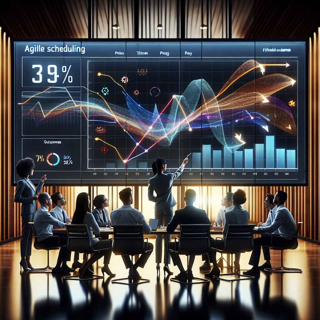 A diverse team in a modern office analyzing agile project timelines, highlighting the importance of agile scheduling.