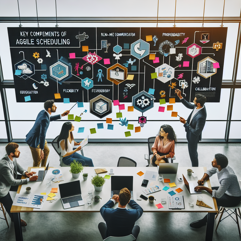 A team collaborating in a co-working space, illustrating key components of an agile scheduling system.