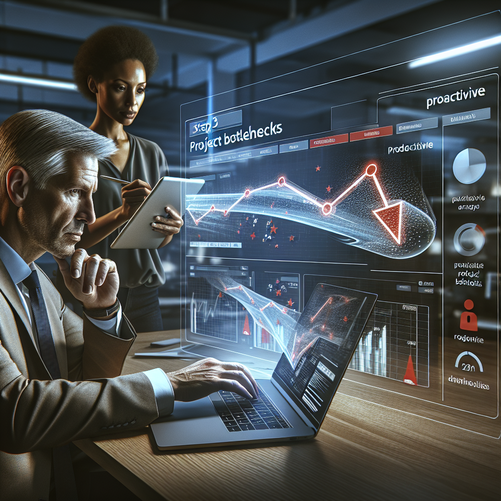 A project manager reviewing predictive analytics on a digital dashboard, showcasing agile scheduling implementation.