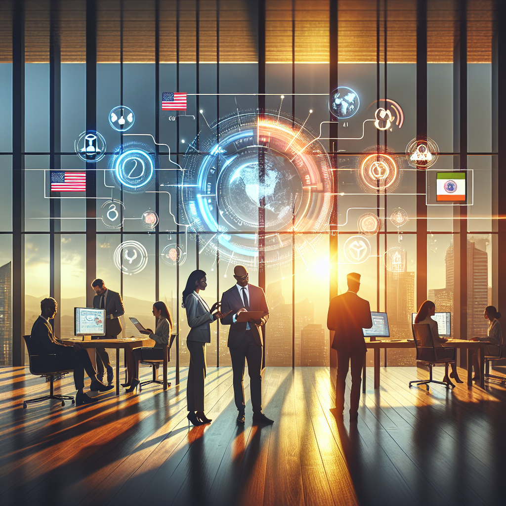 A diverse team of professionals collaborating around a digital scheduling platform, showcasing time zone icons and cultural symbols, in a bright office setting.