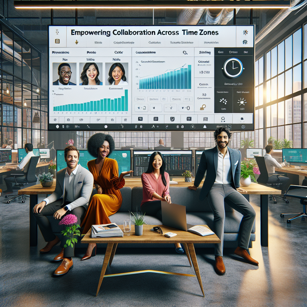 A vibrant software interface showcasing diverse user profiles and time zone conversion tools in a co-working space, emphasizing collaborative scheduling.