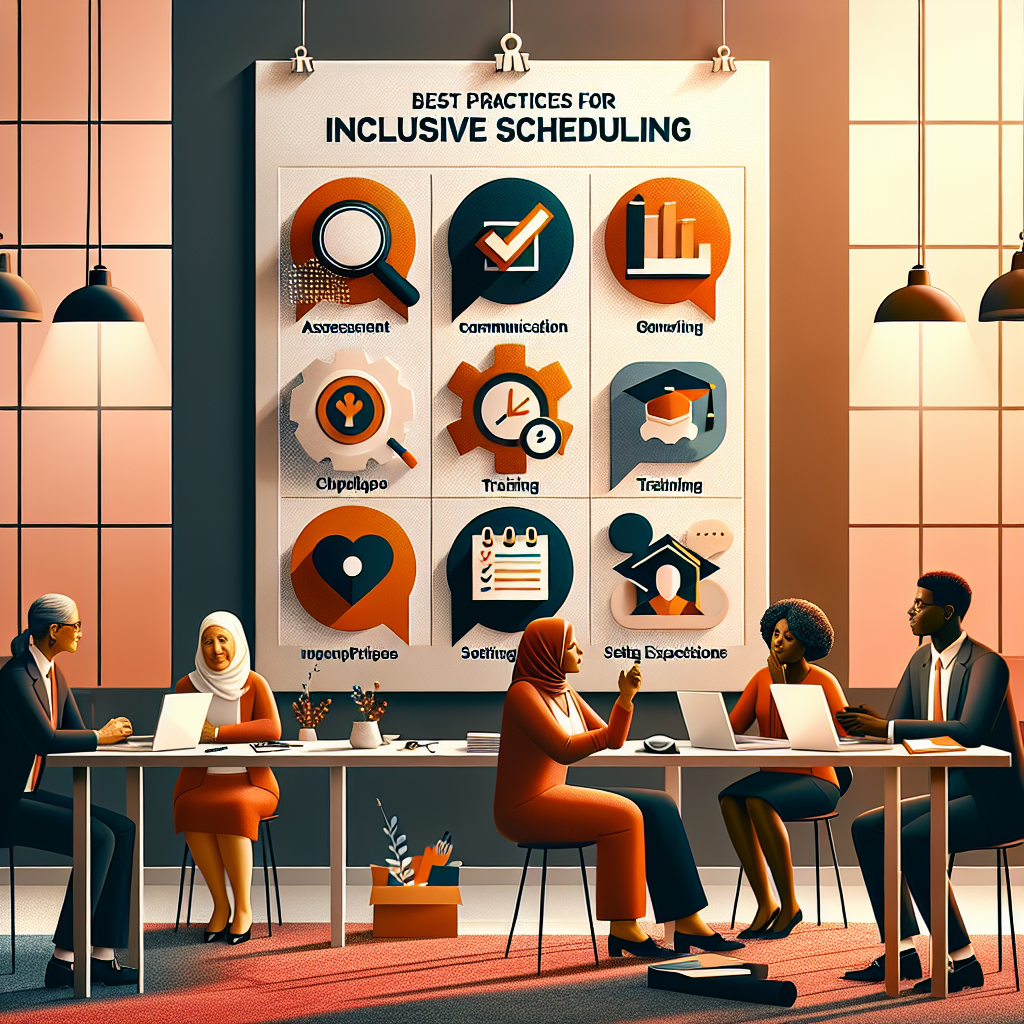 A visually appealing checklist of best practices for inclusive scheduling, featuring icons and diverse professionals discussing strategies in a collaborative setting.