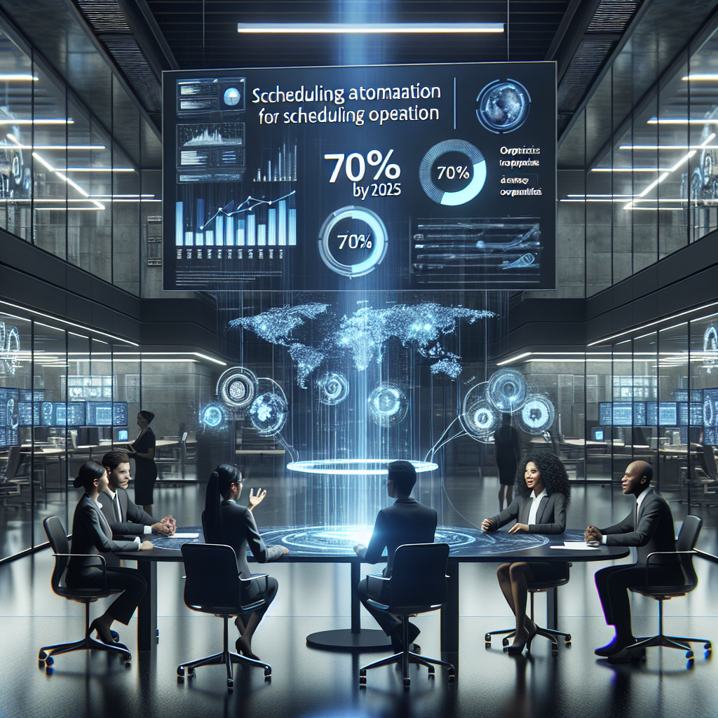 A diverse group of professionals in a modern office discussing scheduling automation with a holographic display showing statistics.