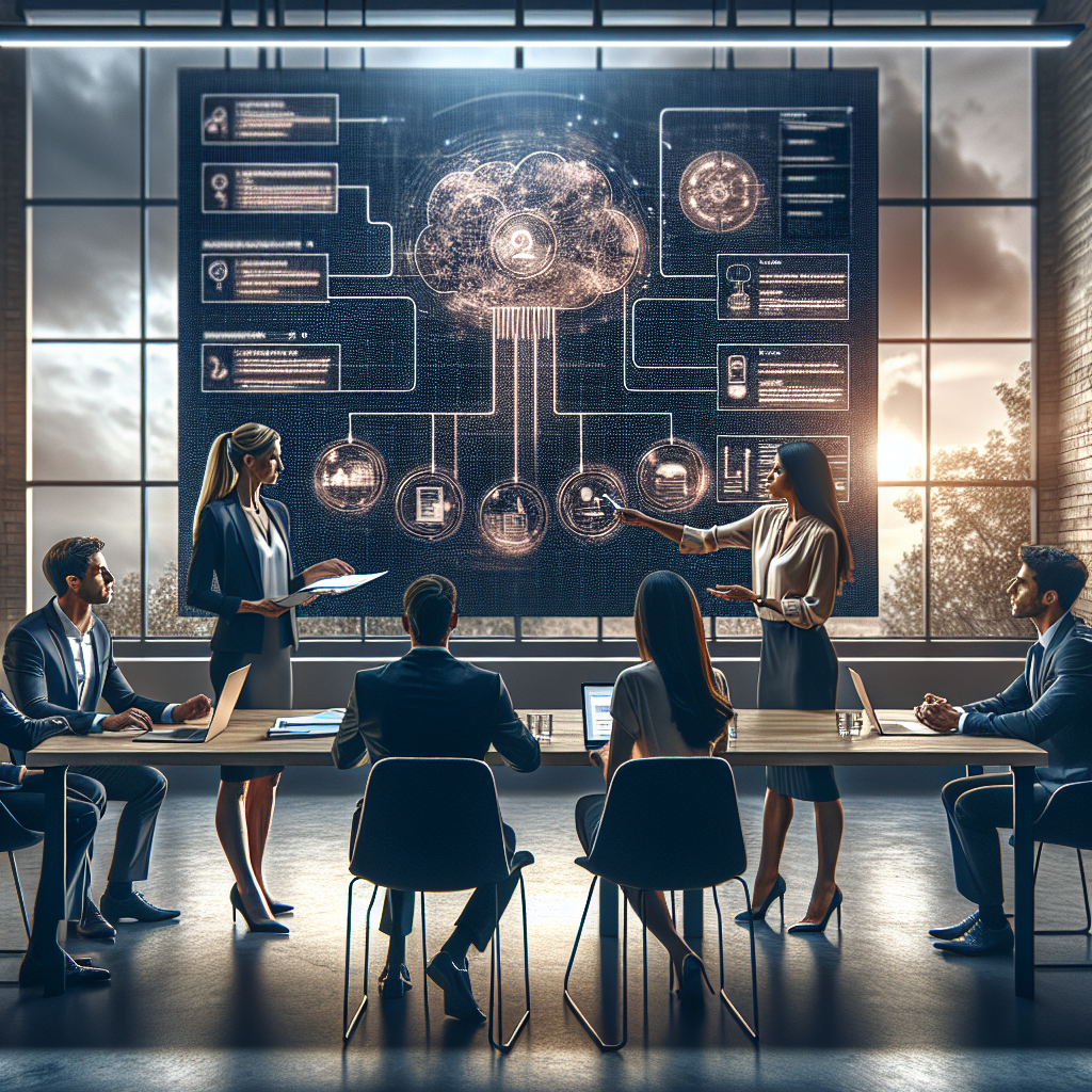 A diverse team in a modern conference room discussing a step-by-step guide for implementing scheduling automation.