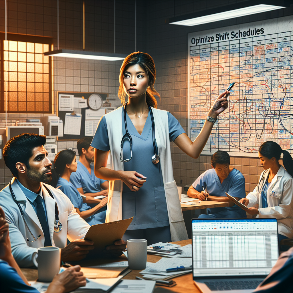 A healthcare team in a break room struggling with complicated shift schedules, showcasing the challenges of traditional scheduling.