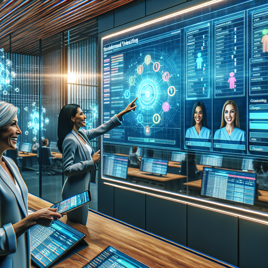 A modern control room where healthcare managers view an optimized scheduling algorithm, demonstrating the efficiency of Schedly.