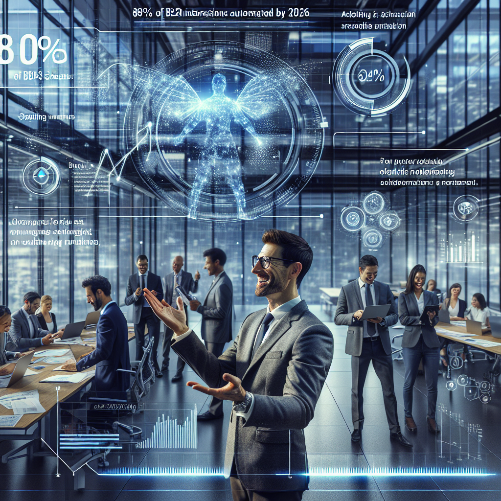 A dynamic office scene showing professionals using scheduling automation tools, with holographic data overlays illustrating the rise of automation in B2B interactions.