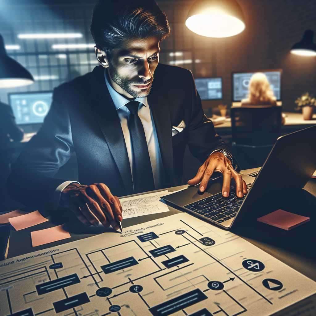 An operations manager reviewing a step-by-step guide for implementing scheduling automation, surrounded by planning materials in a focused office environment.